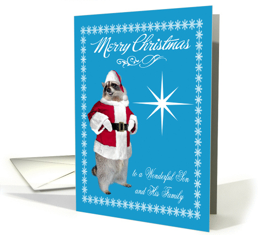 Christmas to Son and Family, raccoon Santa Claus, snowflakes card