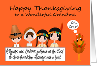 Thanksgiving to Grandma, humor, Pilgrims, Indians, turkey on orange card