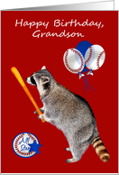 Birthday to Grandson Card with a Raccoon Holding a Baseball Bat card