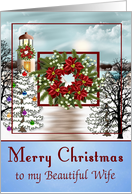 Christmas to Wife with a Snowy Lighthouse Scene on Blue and a Wreath card