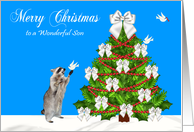 Christmas to Son, Raccoon with a dove on his hand, decorated tree card
