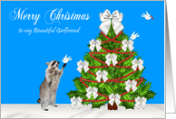 Christmas to Girlfriend, Raccoon with a dove, decorated tree on blue card