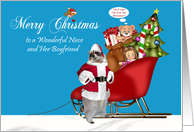 Christmas to Niece and Boyfriend with Raccoon Santa Claus by a Sleigh card