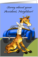 Get Well to neighbor, car accident, giraffe with neck bandaged, blue card