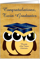 Congratulations Twin Graduates Custom Name with Owls Wearing Blue card