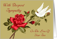 Sympathy for Loss Of Son with a White Dove and Red Roses on Green card