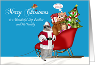 Christmas to Step Brother and Family, Raccoon Santa Claus with sleigh card
