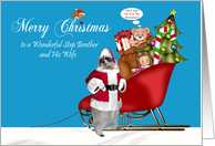 Christmas to Step Brother and Wife, Raccoon Santa Claus with sleigh card