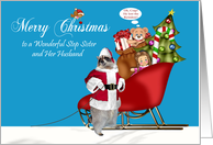 Christmas to Step Sister and Husband, Raccoon Santa Claus with sleigh card