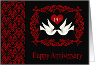 14th Wedding Anniversary, general, two white doves kissing, red, black card