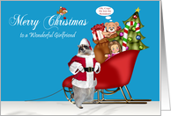 Christmas to Girlfriend, Raccoon Santa Claus with full sleigh on blue card