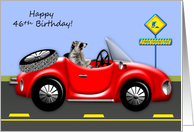 46th Birthday, age humor, raccoon driving red classic car, convertible card