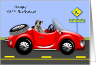 48th Birthday with a Raccoon Driving a Red Classic Car Convertible card