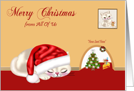 Christmas from All Of Us, cat wearing Santa hat sleeping by mouse hole card