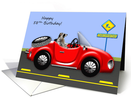 58th Birthday with a Raccoon Driving a Red Classic Convertible card