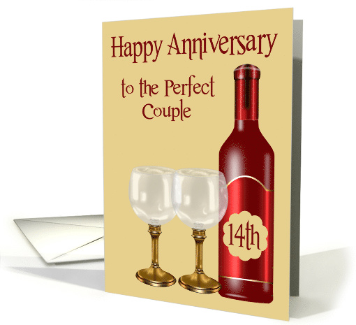 14th Wedding Anniversary to Couple with a Burgundy Wine Bottle card