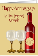 51st Wedding Anniversary to couple, A deep burgundy wine bottle card