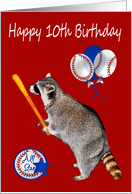 10th Birthday, raccoon holding a baseball bat on red with balloons card
