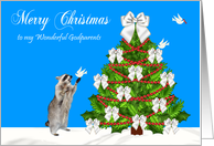 Christmas to Godparents, Raccoon with a dove and a decorated tree card