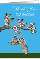 Thank You To Coach, raccoon pushing another raccoon on a tree swing card