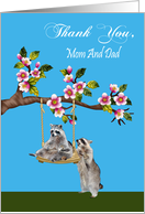 Thank You To Mom And Dad, raccoon pushing another raccoon, tree swing card