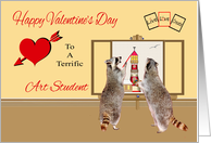 Valentine’s Day To Art Student, raccoons painting light house, seagull card