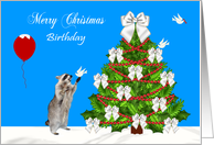 Birthday on Christmas with a Raccoon and Doves Next to a Tree card