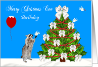 Birthday on Christmas Eve, Raccoon with a dove and a decorated tree card