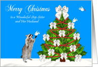 Christmas to Step Sister and Husband, Raccoon with a dove, tree, blue card