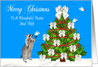 Christmas to Pastor and Wife with a Raccoon and a Dove by a Tree card