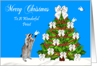 Christmas To Priest, Raccoon with a dove and a decorated tree, blue card