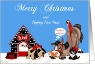 Christmas, general, dog with a dog house, horse, parrot and cat, blue card