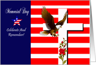 Memorial Day Card with an Eagle Flying in Front of Flag and Cross card