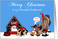 Christmas to Godparents, dog with dog house, horse, parrot and cat card