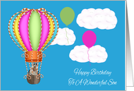 Birthday To Son, Raccoon floating in colorful hot air balloon, blue card