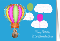Birthday To Sister, Raccoon floating in a colorful hot air balloon card