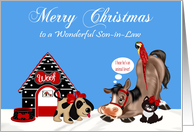 Christmas to Son-in-Law, dog with a dog house, horse, parrot, cat card