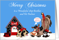 Christmas to Step Brother and Partner, dogs, horses, parrots, cats card