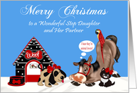 Christmas to Step Daughter and Partner, dog, dog house, horse, parrot card