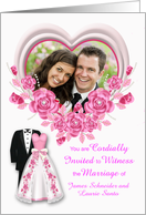 Invitations, wedding custom name photo card, gowns, flower heart card