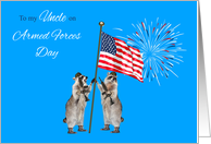 Armed Forces Day To Uncle, armed raccoons with a flag and fireworks card
