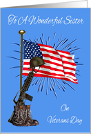 Veterans Day To Sister, combat boots, rifle, helmet aganist USA flag card