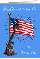 Veterans Day To Sister-in-Law, combat boots, rifle, helmet, USA flag card