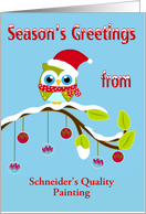 Season’s Greetings, business custom name, Owl with Santa Claus Hat card