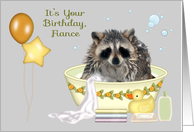 Birthday To Fiance, humor, soapy raccoon in a bath tub with balloons card