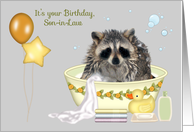 Birthday to Son-in-Law with a Soapy Raccoon in a Bathtub and Balloons card
