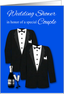 Invitations, Gay Wedding Shower, two tuxedos with champagne, blue card