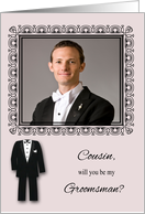 Invitations, Photo Card, Cousin Will You Be My Groomsman, black tuxedo card