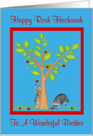 Rosh Hashanah To Brother, Raccoons next to apple tree, red frame card