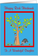 Rosh Hashanah To Daughter, Raccoons next to apple tree, red frame card